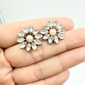 Vintage Bridal Clear RhinestonesFlower Faux Pearls Earrings